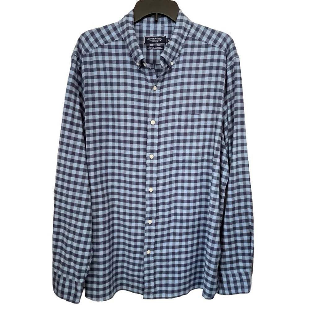 Vineyard Vines Classic Fit Blue Gingham Button-Down Shirt Cotton Linen Blend XL